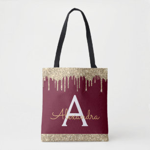 Gold Burgundy Glitter Sparkle Elegant Monogram Tote Bag