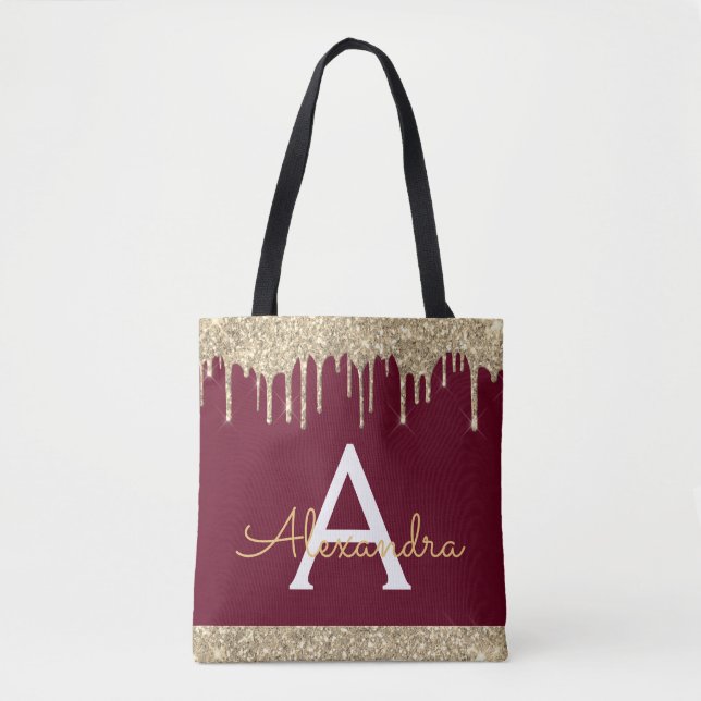 Gold Burgundy Glitter Sparkle Elegant Monogram Tote Bag (Front)