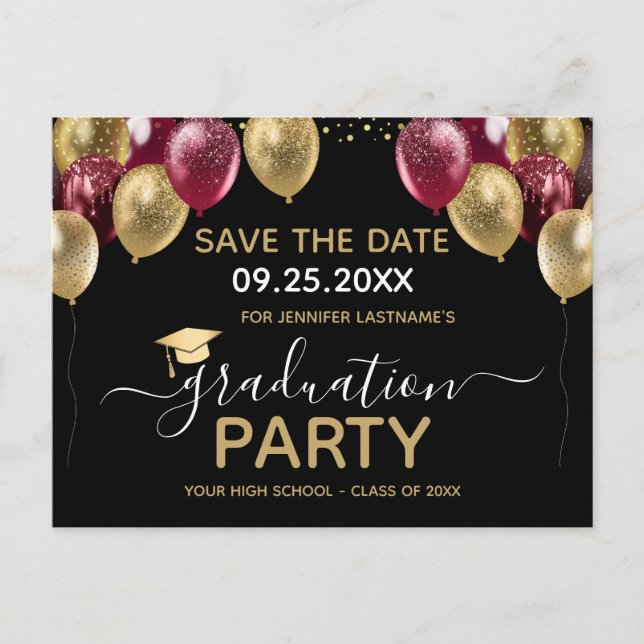 Gold Burgundy Graduation Party Save the Date Postcard (Front)