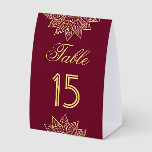 Gold Burgundy Henna Indian Wedding Table Number