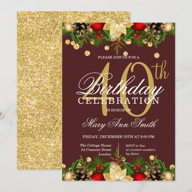 Gold & Burgundy Holiday Glitter 40th Birthday  Invitation (Front/Back)