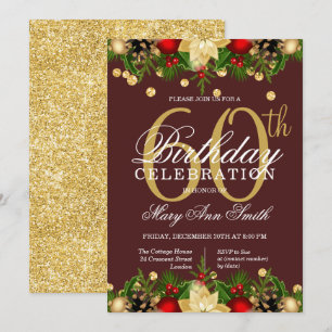Gold & Burgundy Holiday Glitter 60th Birthday  Invitation