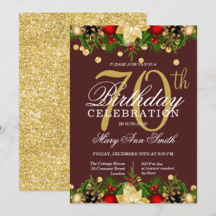 Gold & Burgundy Holiday Glitter 70th Birthday Invitation