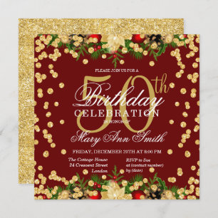 Gold & Burgundy Holiday Glitter Glam 50th Birthday Invitation