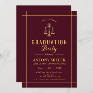 Gold burgundy Law school graduation Class Of 2026  Invitation