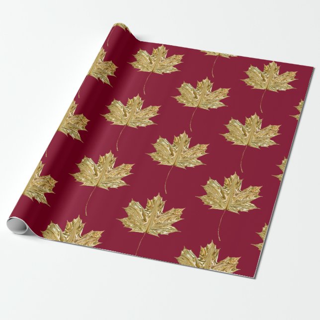 Gold Burgundy MAPLE LEAF Birthday Wedding Party Wrapping Paper (Unrolled)