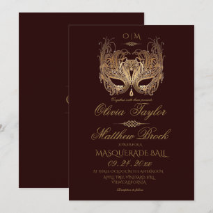 Gold Burgundy Masquerade Wedding  Invitation