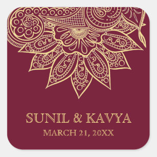 Gold Burgundy Mehendi Henna Indian Wedding Favour Square Sticker