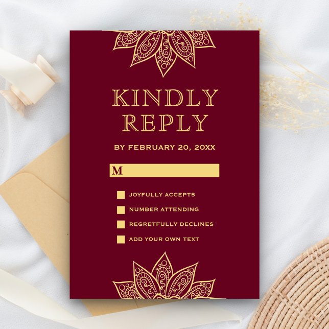 Gold Burgundy Mehendi Henna Indian Wedding RSVP Card (Creator Uploaded)