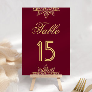Gold Burgundy Mehendi Henna Indian Wedding Table Number