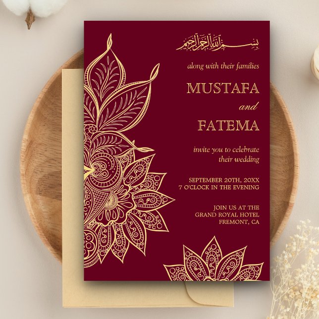 Gold Burgundy Mehendi Henna Islamic Wedding Invitation (Creator Uploaded)