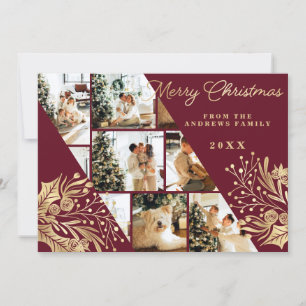 Gold Burgundy Merry Christmas Floral Photo Collage Holiday Card
