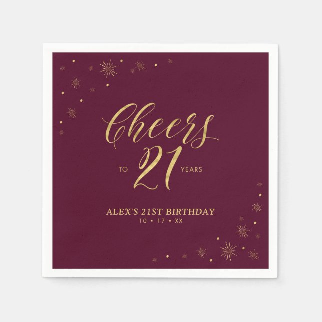 Gold & Burgundy Modern 21st Birthday Party Napkin (Front)