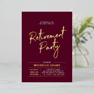 Gold Burgundy Modern Brush Script Retirement Party