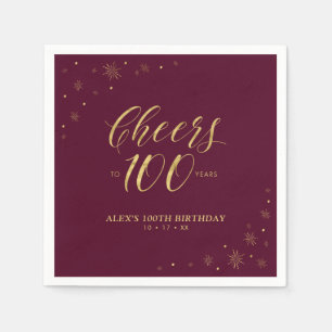 Gold & Burgundy Modern Cheers 100th Birthday Party Napkin