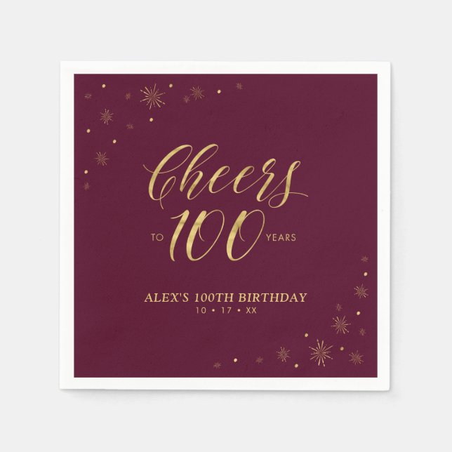 Gold & Burgundy Modern Cheers 100th Birthday Party Napkin (Front)