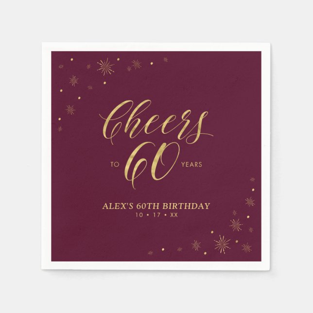 Gold & Burgundy Modern Cheers 60th Birthday Party Napkin (Front)