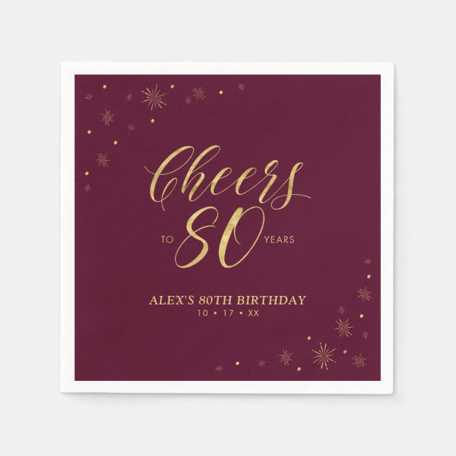 Gold & Burgundy Modern Cheers 80th Birthday Party Napkin (Front)