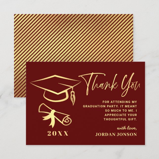 Gold Burgundy Modern Graduation Party Thank You Card (Front/Back)