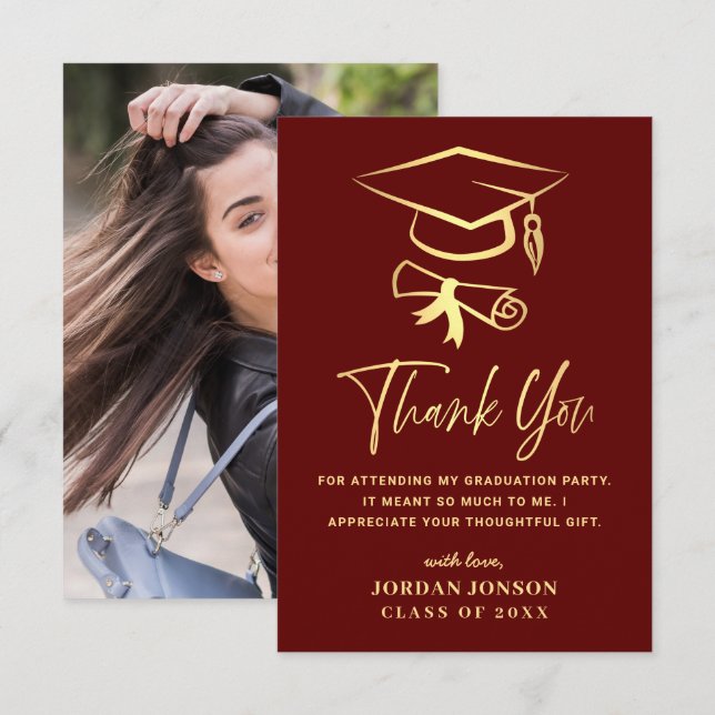 Gold Burgundy Modern Graduation PHOTO Thank You Card (Front/Back)