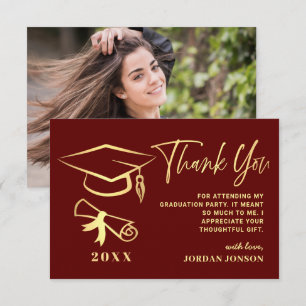 Gold Burgundy Modern Graduation PHOTO Thank You Card