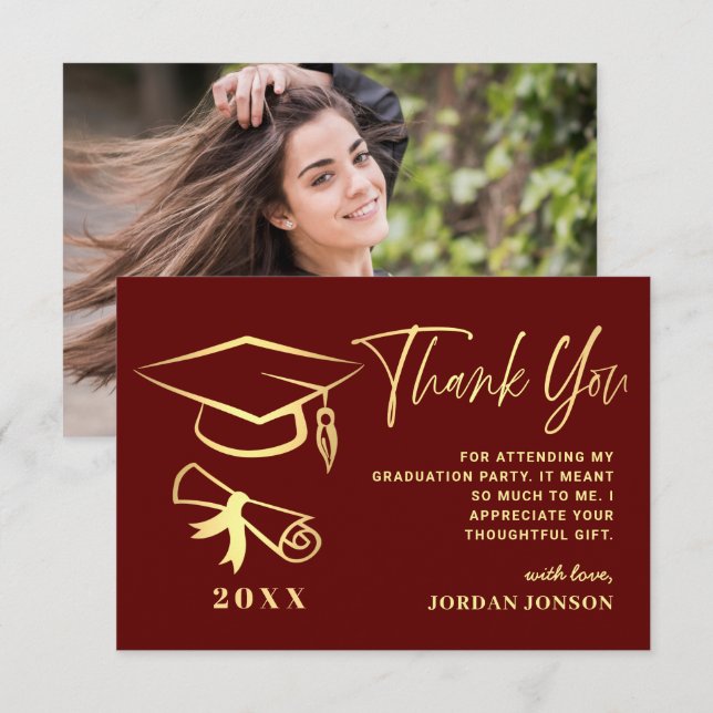 Gold Burgundy Modern Graduation PHOTO Thank You Card (Front/Back)