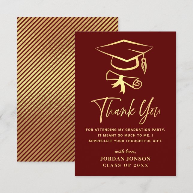 Gold Burgundy Modern Graduation Thank You Card (Front/Back)