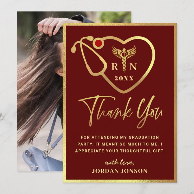 Gold Burgundy Modern Nursing School Graduation Thank You Card (Front/Back)