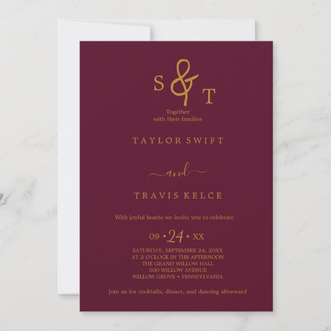 Gold & Burgundy Monogram Wedding Invitation (Front)