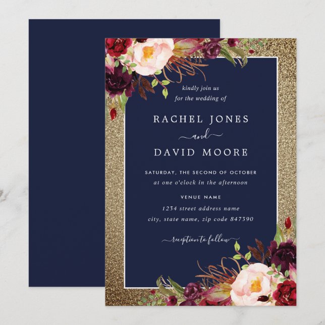 Gold Burgundy Navy Floral Watercolor Wedding Invitation (Front/Back)