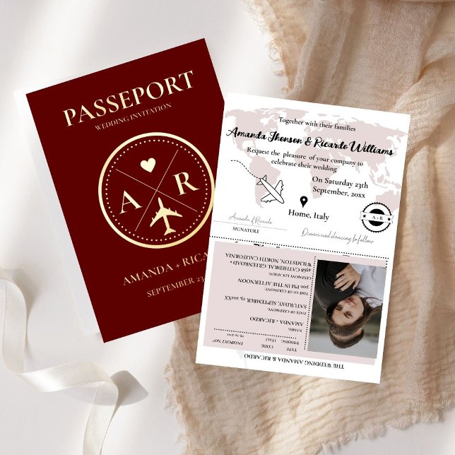GOLD & Burgundy  Passport Photo Wedding Invitation (Creator Uploaded)
