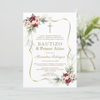 Gold Burgundy Peach Flowers 1st Birthday Baptism Invitation