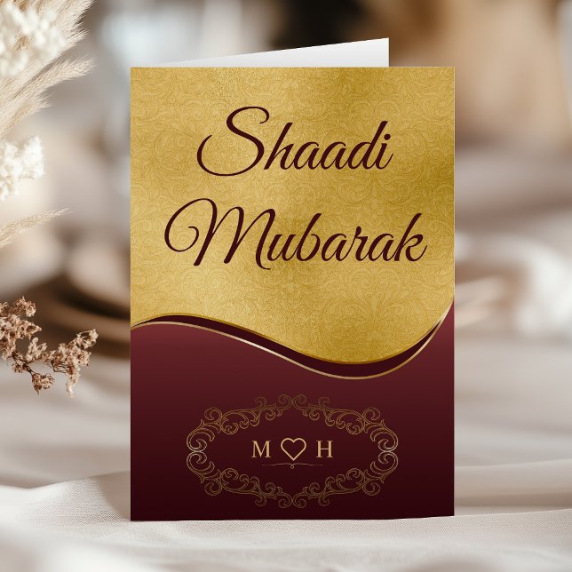 Gold Burgundy Personalised Monogram Shaadi Mubarak Card (Creator Uploaded)
