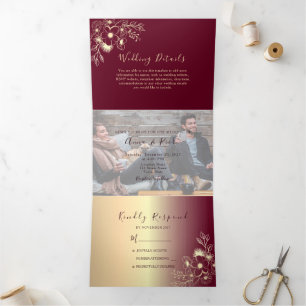 Gold Burgundy Photo Tri-Fold Invitation