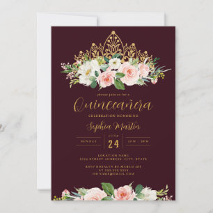 Gold Burgundy Pink Floral Tiara Quinceanera Invitation