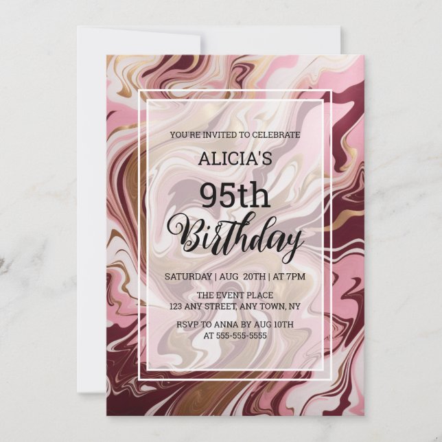 Gold Burgundy Pink Marble Fluid 95th Birthday  Invitation (Front)