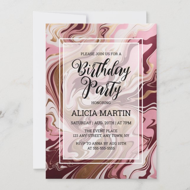 Gold Burgundy Pink Marble Fluid Birthday Party Invitation (Front)