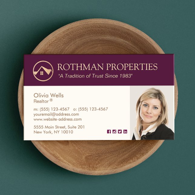 Gold Burgundy Real Estate Agent Photo  Business Card (Creator Uploaded)