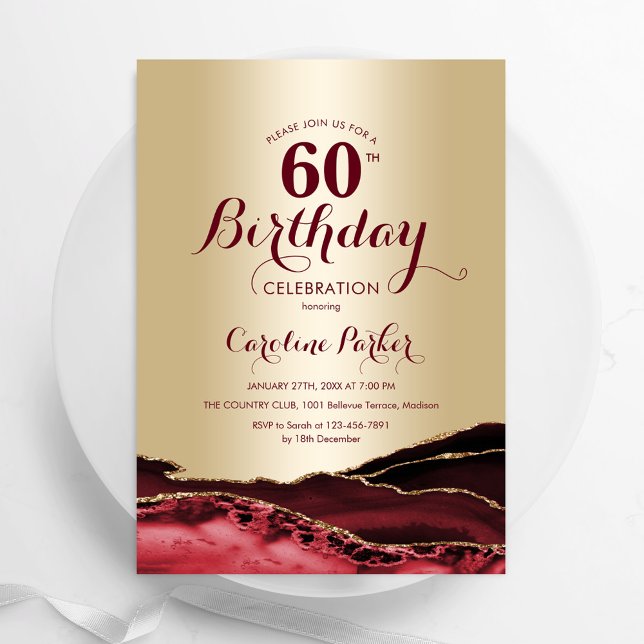 Gold Burgundy Red Agate 60th Birthday Invitation (Creator Uploaded)