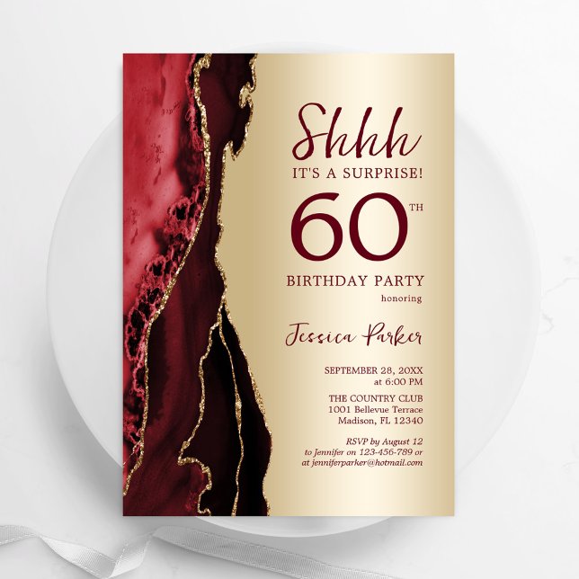 Gold Burgundy Red Agate Surprise 60th Birthday Invitation (Creator Uploaded)