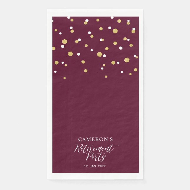 Gold & Burgundy Red Confetti Retirement Party Napkin (Front)