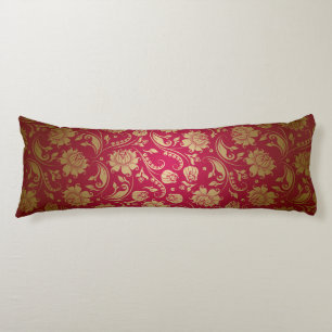 Gold & Burgundy Red Floral Damasks Pattern Body Cushion