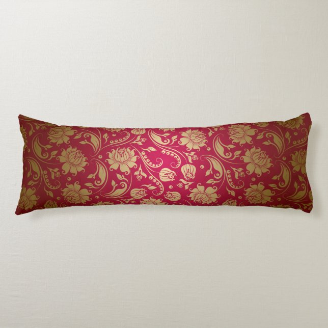 Gold & Burgundy Red Floral Damasks Pattern Body Cushion (Front)