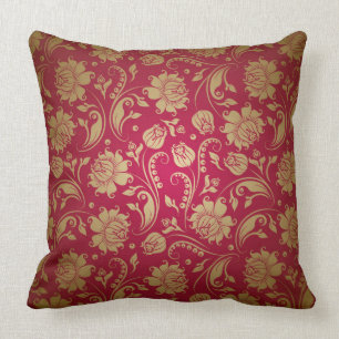 Gold & Burgundy Red Floral Damasks Pattern Cushion