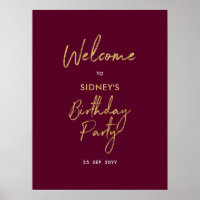Gold & Burgundy Red Modern Birthday Party Welcome