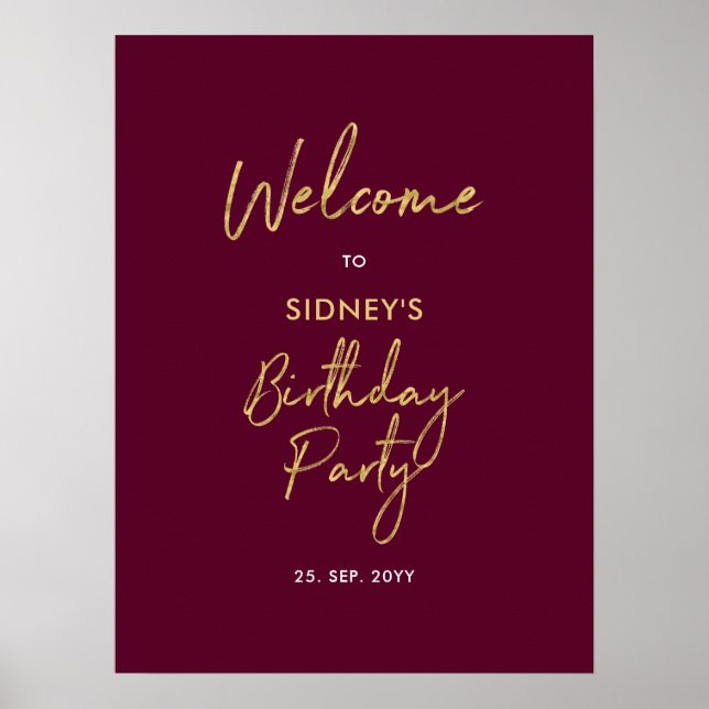 Gold & Burgundy Red Modern Birthday Party Welcome Poster (Front)
