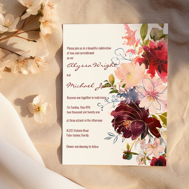 Gold burgundy red pink flower bouquet Wedding Invitation (Gold burgundy red pink flower bouquet Wedding)