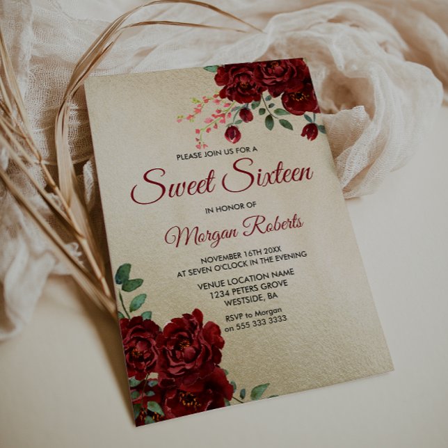 Gold Burgundy Red Rose Floral Sweet 16 Invite (Creator Uploaded)
