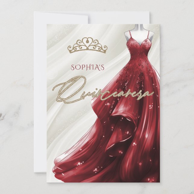 Gold Burgundy Red Sparkle Dress Quinceañera  Invitation (Front)