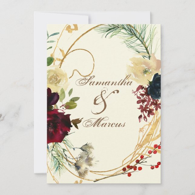 Gold Burgundy Red Watercolor Floral Wreath Wedding Invitation (Front)